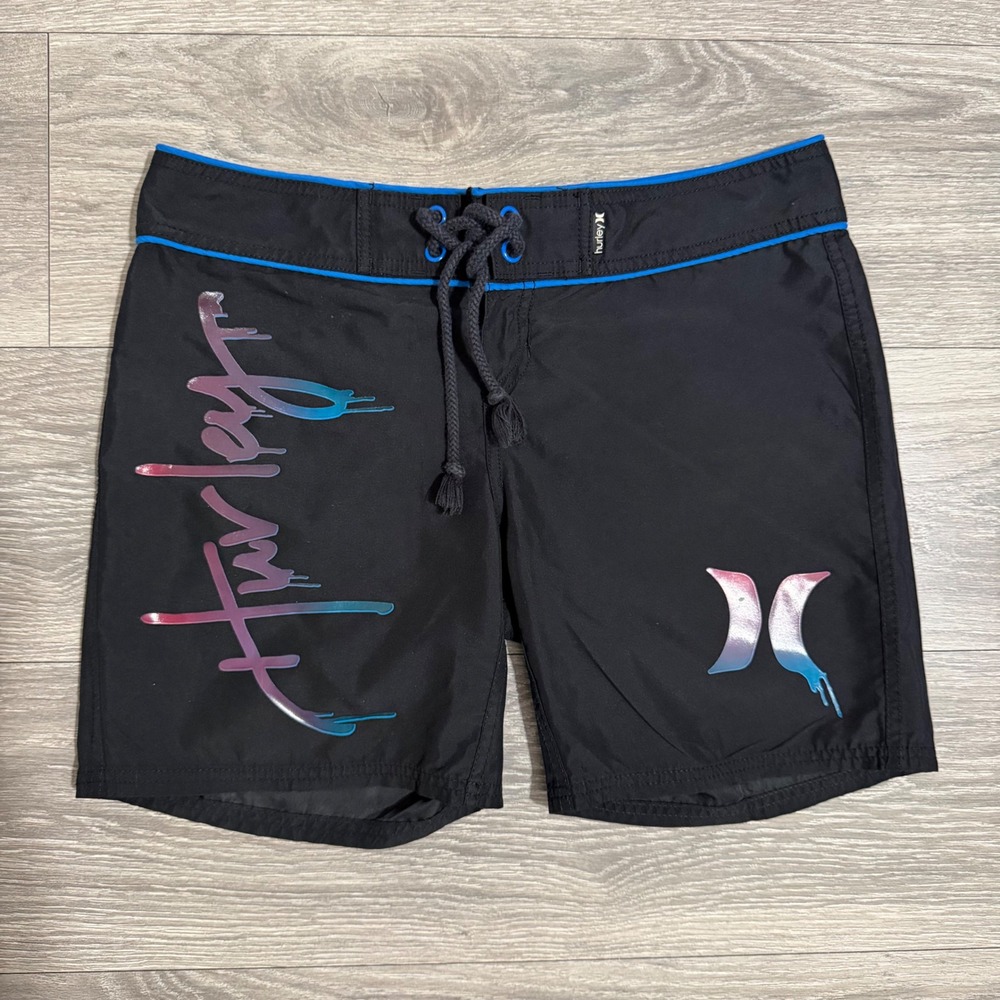 Hurley Boys Board Shorts L Black Blue Pink Gradient Drip Logo Swim Trunks